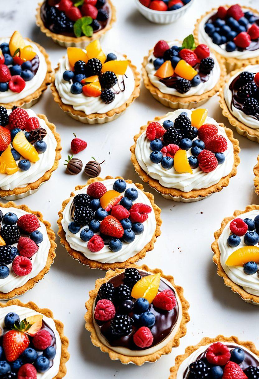 A mouth-watering collection of various cream pies on an elegant table, with vibrant fruits and rich chocolate shavings scattered around. The setting includes a sunlit background, reflecting freshness and indulgence. Each pie is garnished with whipped cream, fresh berries, and chocolate drizzle. super-realistic. vibrant colors. white background.