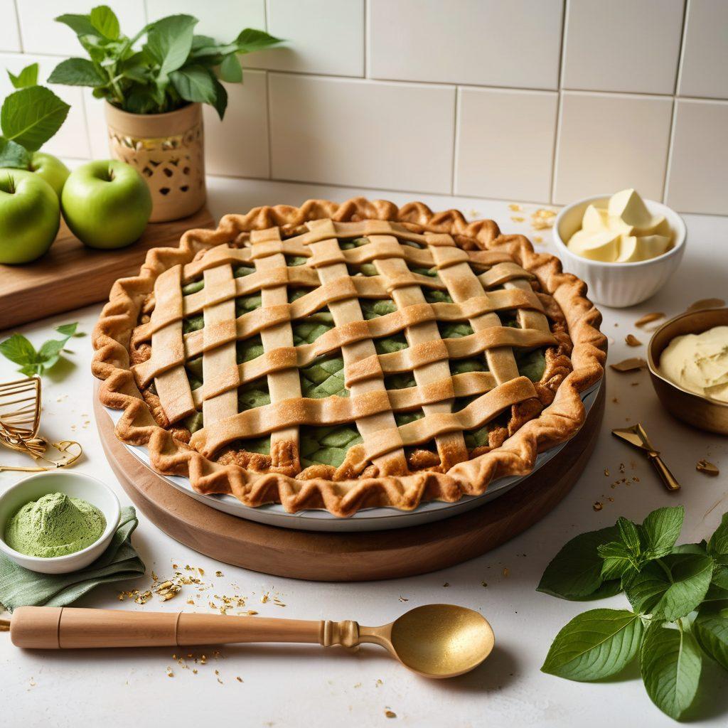 A beautifully set kitchen counter with a classic lattice-topped apple pie cooling on a rustic wooden board, alongside a modern matcha cream pie decorated with mint leaves and gold flakes. Flour, rolling pins, and utensils spread around hinting at the baking process. Warm lighting to evoke a homely feel. super-realistic. vibrant colors. white background.