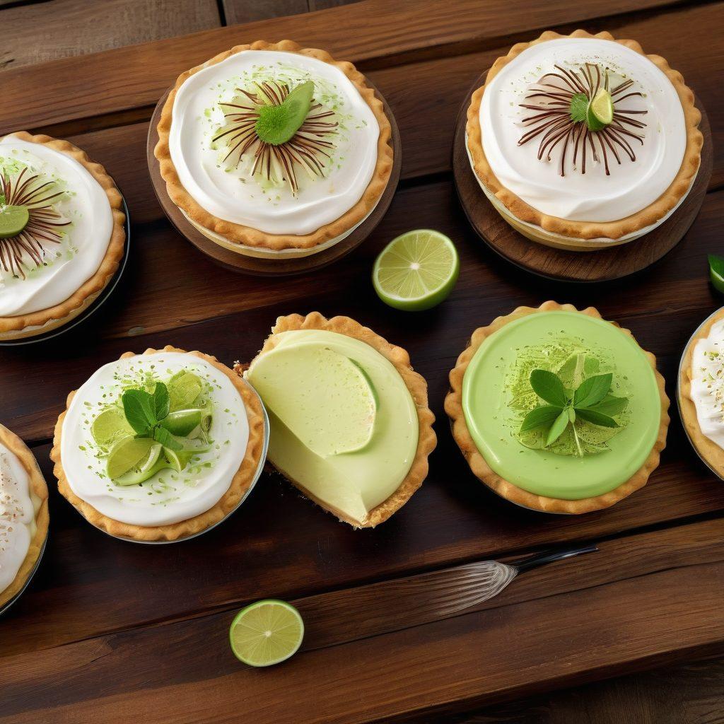 A visually striking assortment of cream pies featuring diverse styles and flavors: a traditional vanilla pie, a key lime pie adorned with lime slices, a luscious chocolate pie with a glossy finish, and a modern twist like a matcha cream pie with intricate decor. The pies should be displayed on a rustic wooden table with elegant garnishes, highlighted under soft, warm lighting to evoke a sense of indulgence and comfort. super-realistic. vibrant colors. cozy background.
